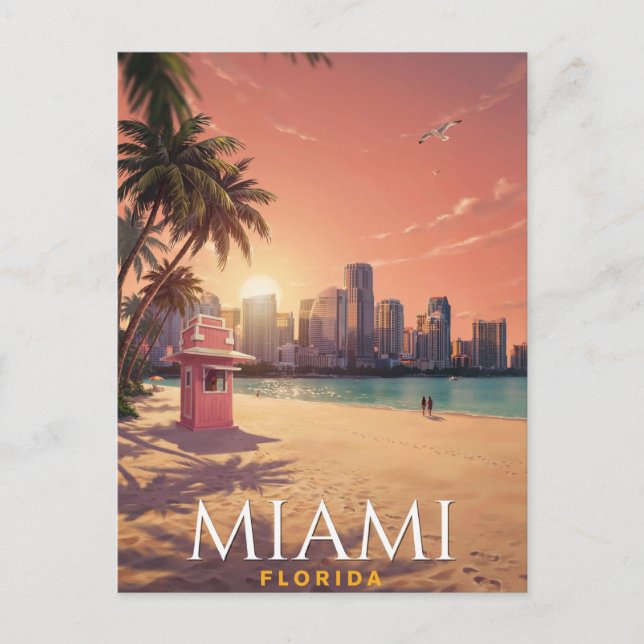 Postal Miami Florida Playa Atardecer Viaje (Anverso)