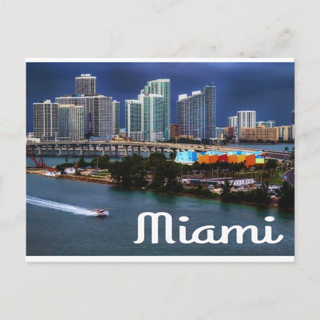 Postal Miami Florida Skyline y Harbour en Night-USA