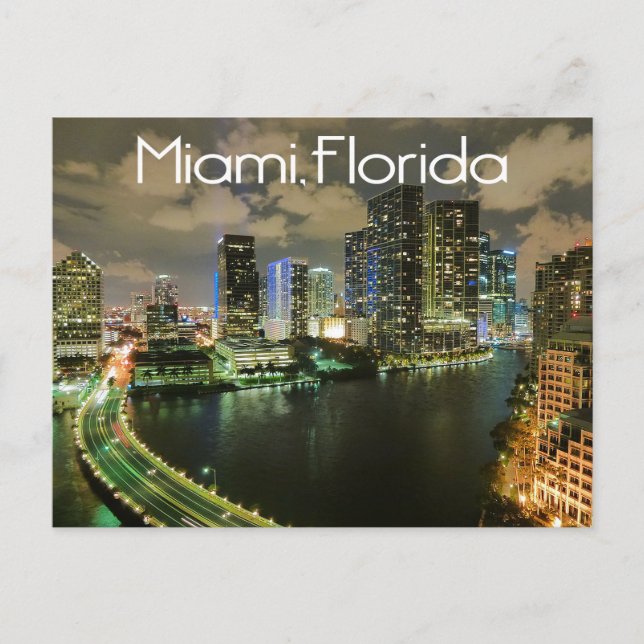 Postal Miami Florida Skyline y Harbour en Night-USA (Anverso)