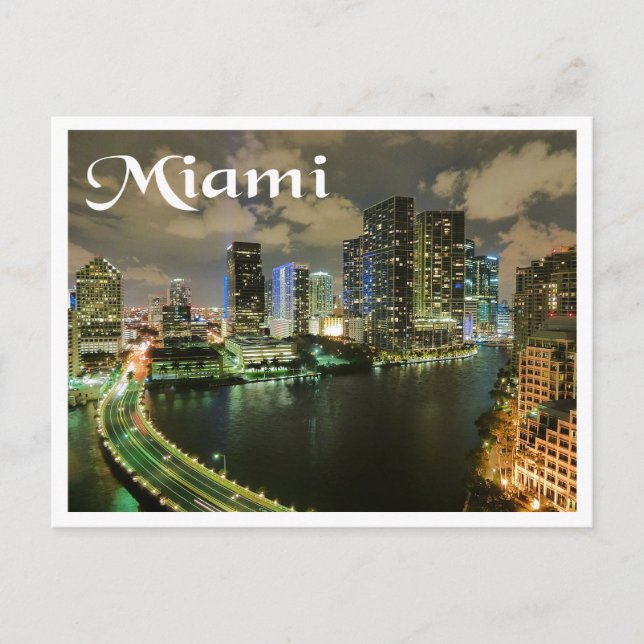 Postal Miami Florida Skyline y Harbour en Night-USA (Anverso)