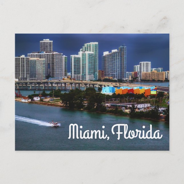 Postal Miami Florida Skyline y Harbour en Night-USA (Anverso)