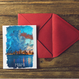 Postal Miami Florida Watercolor Cityscape View