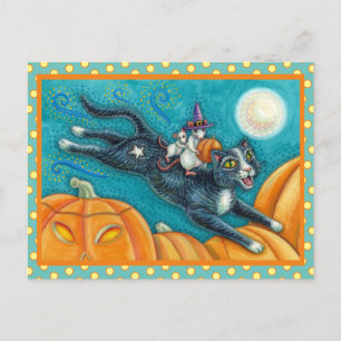 POSTAL MICE BLANCO Y GATO NEGRO EN LA CAZA DE HALLOWEEN S
