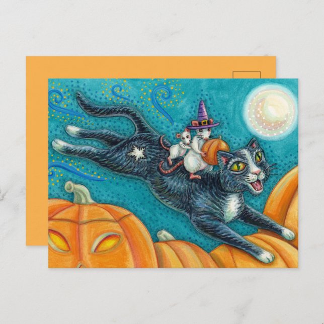 POSTAL MICE BLANCO Y GATO NEGRO EN LA CAZA DE HALLOWEEN S (Anverso / Reverso)