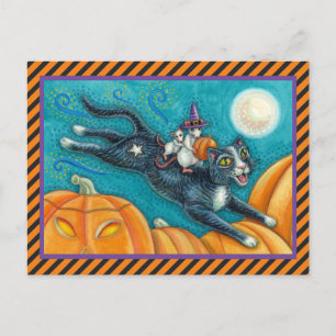 POSTAL MICE BLANCO Y GATO NEGRO EN LA CAZA DE HALLOWEEN S
