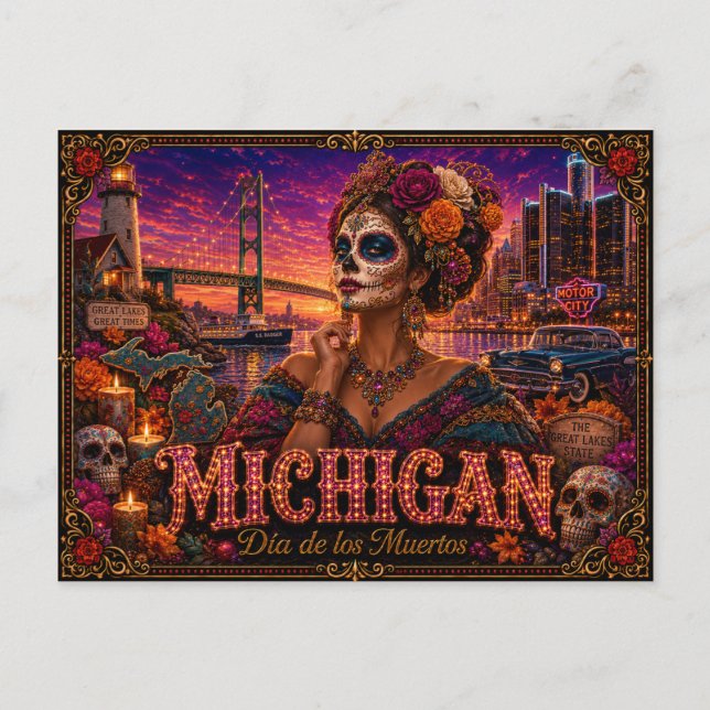Postal Michigan Día de los Muertos Retro (Anverso)
