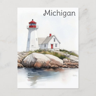 Postal Michigan Great Lakes Lighthouse Watercolor Travel