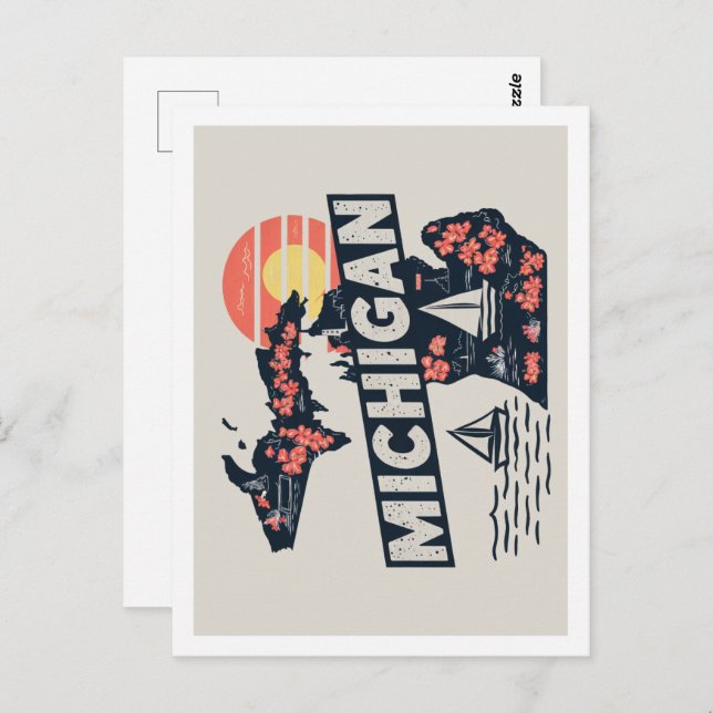 Postal Michigan Retro Travel Design Icónico Estados Unido (Anverso / Reverso)