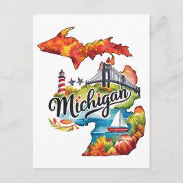 Postal Michigan USA State Shaped Vintage Watercolor