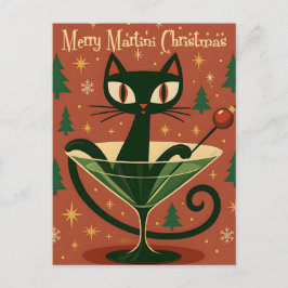 Postal Mid Century Black Cat Merry Martini Christmas