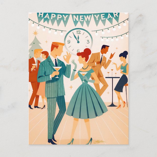Postal Mid Century Happy New Year The Martini Dance (Anverso)