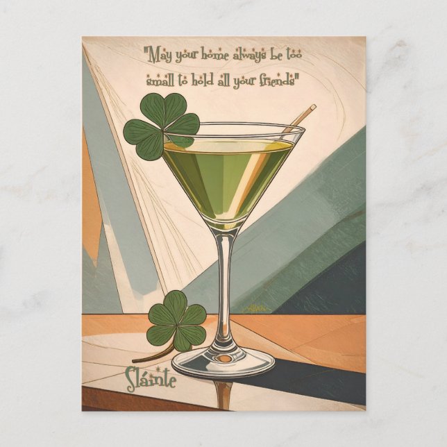 Postal Mid Century Modern Art Shamrock Martini Sláinte!  (Anverso)