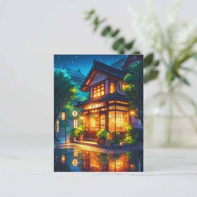 Postal Midnight Matcha – Acogedor Café Japonés Lofi (Anverso de pie)