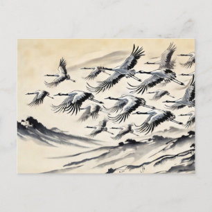 Postal Migración de grullas sobre montañas Pintura de tin