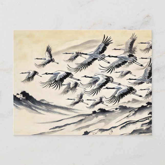 Postal Migración de grullas sobre montañas Pintura de tin (Anverso)