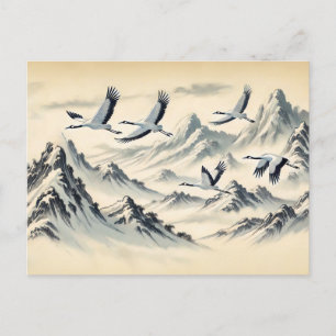 Postal Migración de grullas sobre montañas Pintura de tin