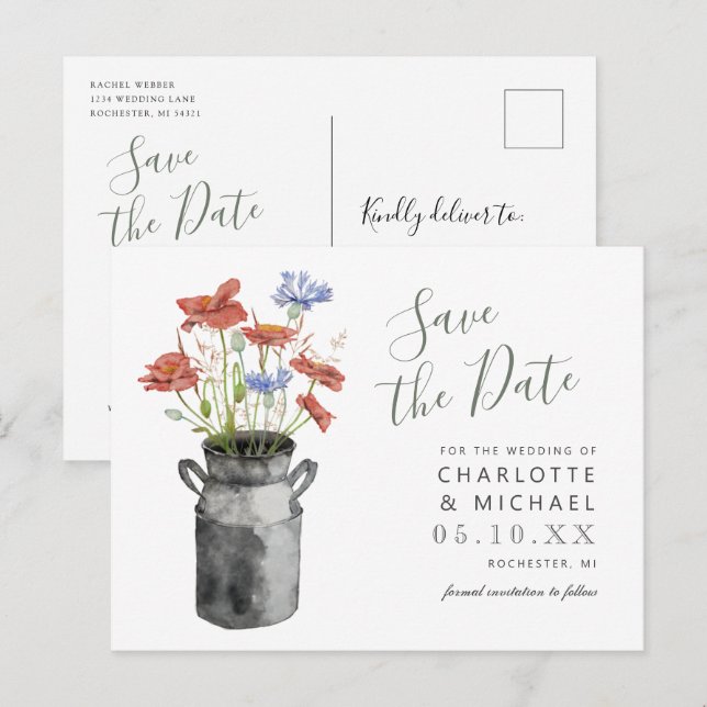 Postal milkbucket de flores silvestres rústicas salva la  (Anverso / Reverso)