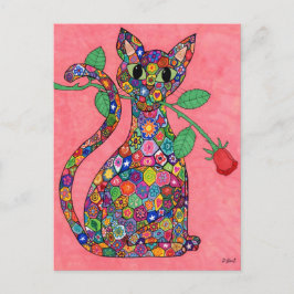 Postal Millefiori Cat con rosa roja