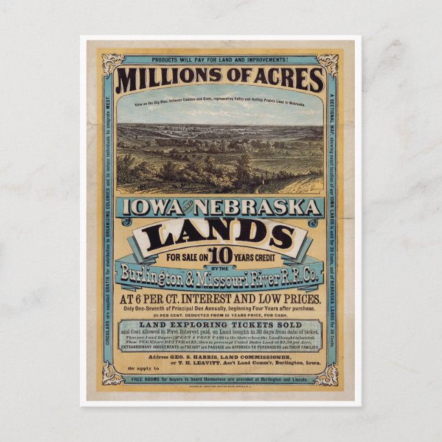 Postal Millones de acres. Iowa y Nebraska 1872 (Anverso)