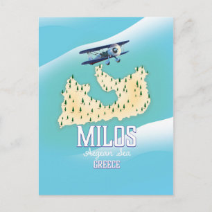 Postal Milos, isla griega arte de mapa de cartel de viaje