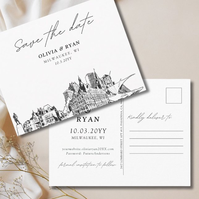 Postal Milwaukee Guardar la cita de la elegante boda de l (Milwaukee Save the Date Postcard Elegant Wedding
)