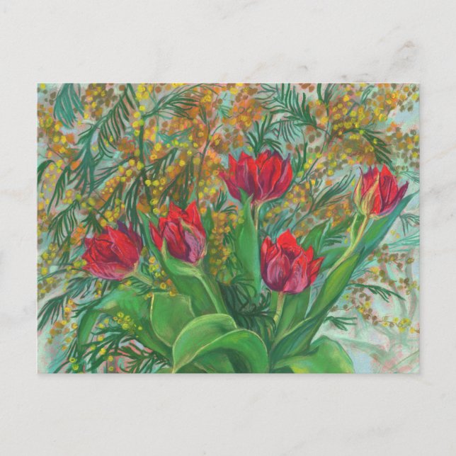 Postal Mimosa y tulipanes, flores de primavera, pintura f (Anverso)