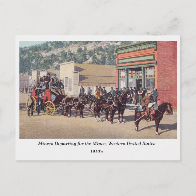 Postal Mineros a caballo dibujaron vagones, viejo oeste,  (Anverso)