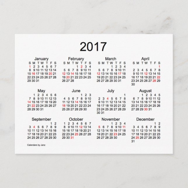 Postal Mini calendario 2017 de Janz con vacaciones (Anverso)