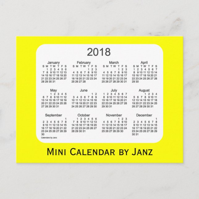 Postal Mini calendario amarillo de 2018 por Janz (Anverso)