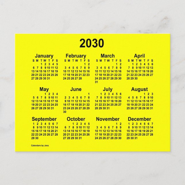 Postal Mini calendario amarillo de 2030 por Janz (Anverso)