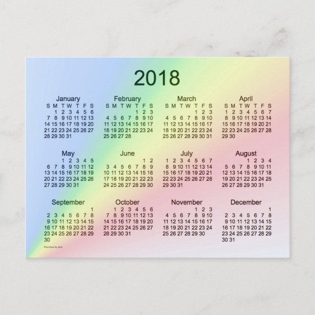 Postal Mini calendario arcoiris 2018, de Janz (Anverso)