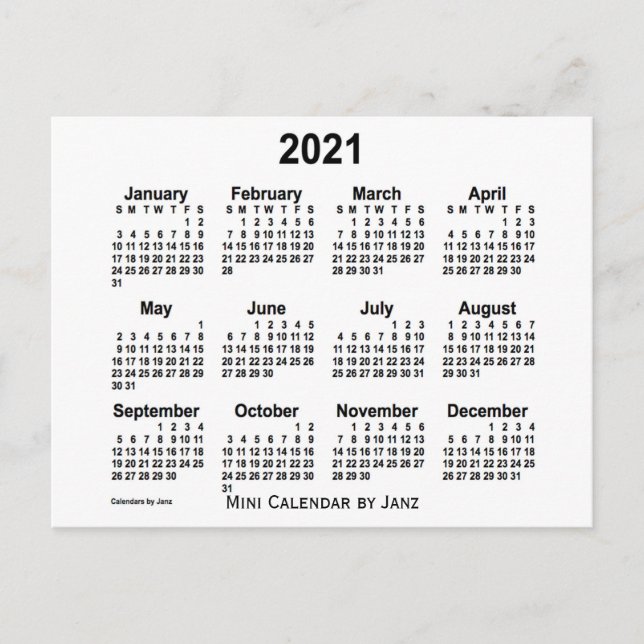 Postal Mini calendario blanco 2021 por Janz (Anverso)