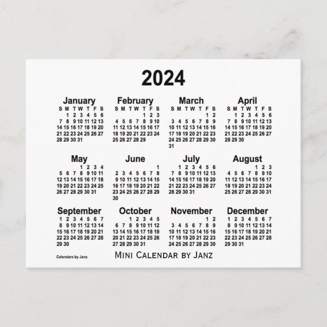 Postal Mini calendario blanco 2024 por Janz (Anverso)