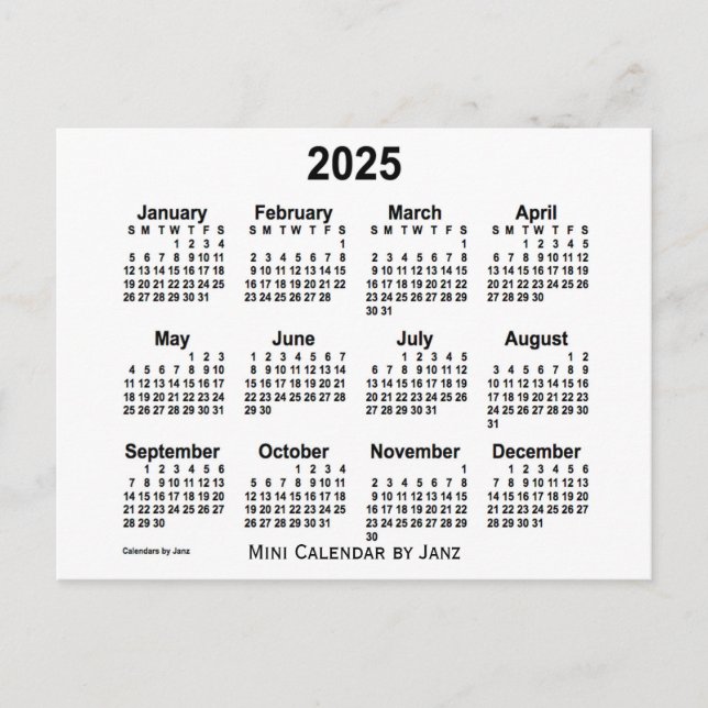 Postal Mini calendario blanco 2025 por Janz (Anverso)
