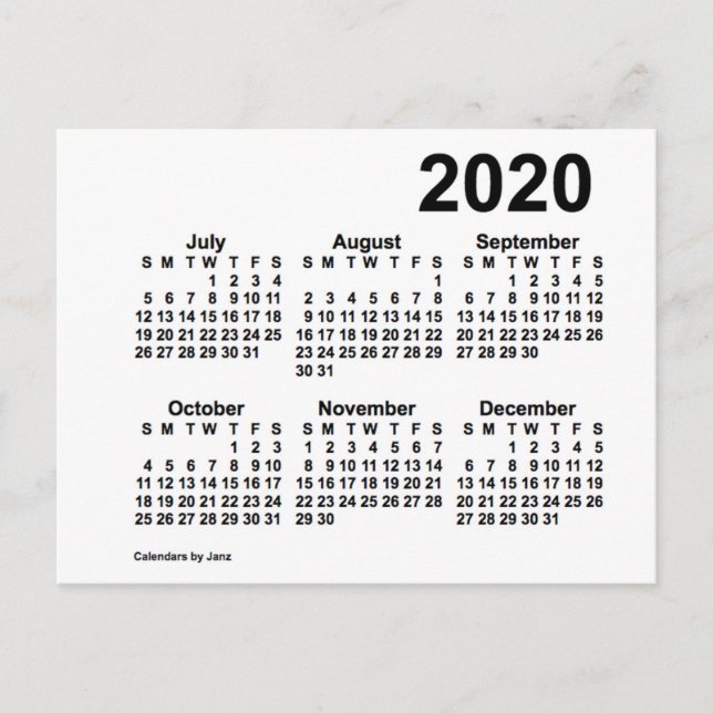 Postal Mini calendario blanco de 6 meses 2020, por Janz (Anverso)