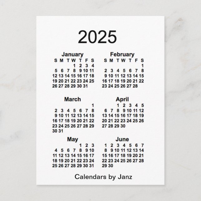 Postal Mini calendario blanco de 6 meses 2025, de Janz (Anverso)