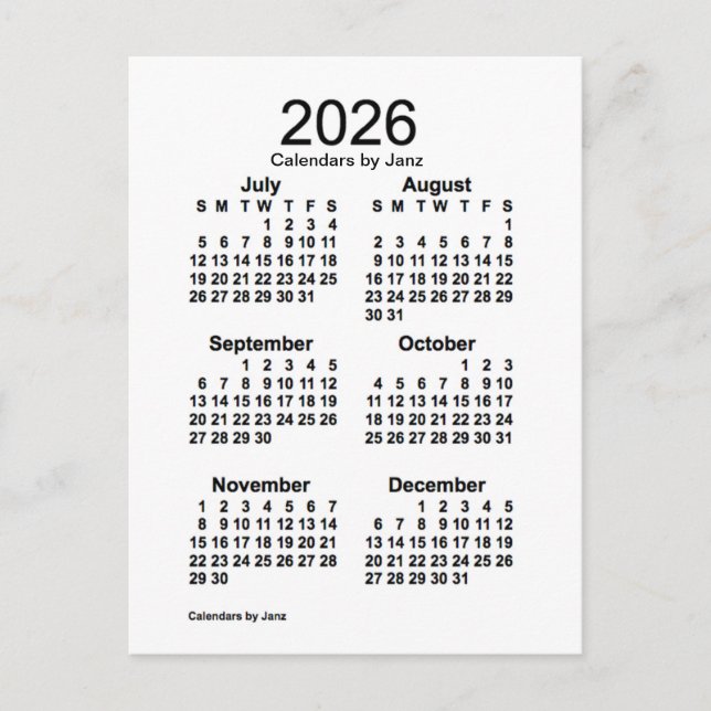 Postal Mini calendario blanco de 6 meses 2026, de Janz (Anverso)