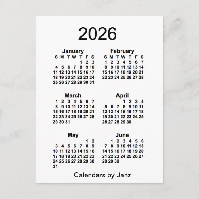 Postal Mini calendario blanco de 6 meses 2026, de Janz (Anverso)