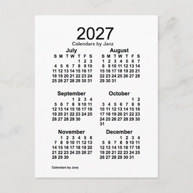 Postal Mini calendario blanco de 6 meses 2027, de Janz (Anverso)