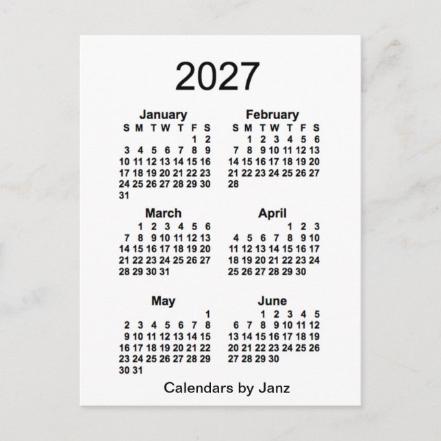 Postal Mini calendario blanco de 6 meses 2027, de Janz (Anverso)