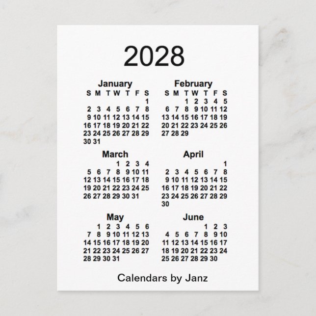 Postal Mini calendario blanco de 6 meses 2028, de Janz (Anverso)