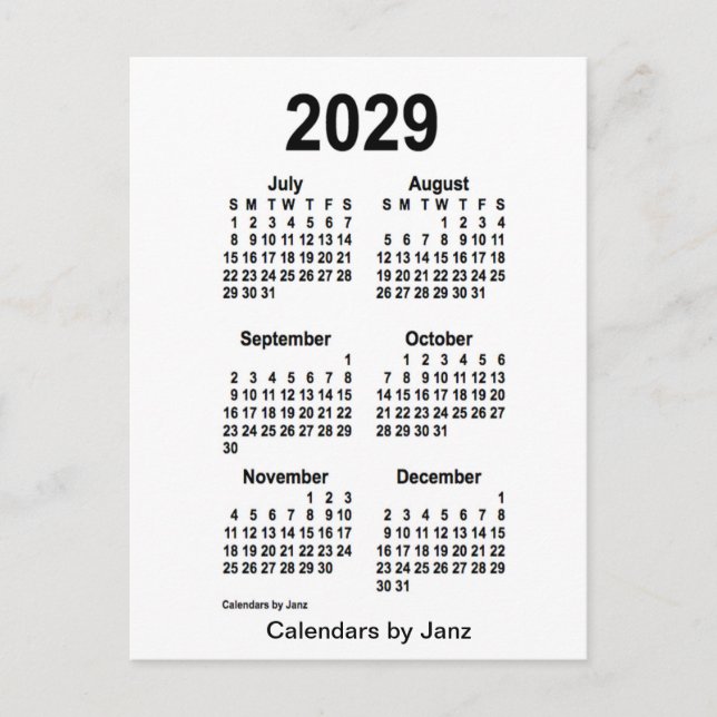 Postal Mini calendario blanco de 6 meses 2029, por Janz (Anverso)
