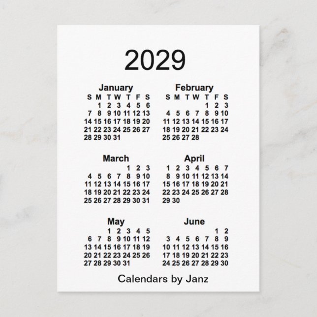 Postal Mini calendario blanco de 6 meses 2029, por Janz (Anverso)