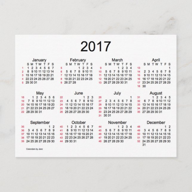 Postal Mini Calendario de 52 semanas 2017, de Janz (Anverso)