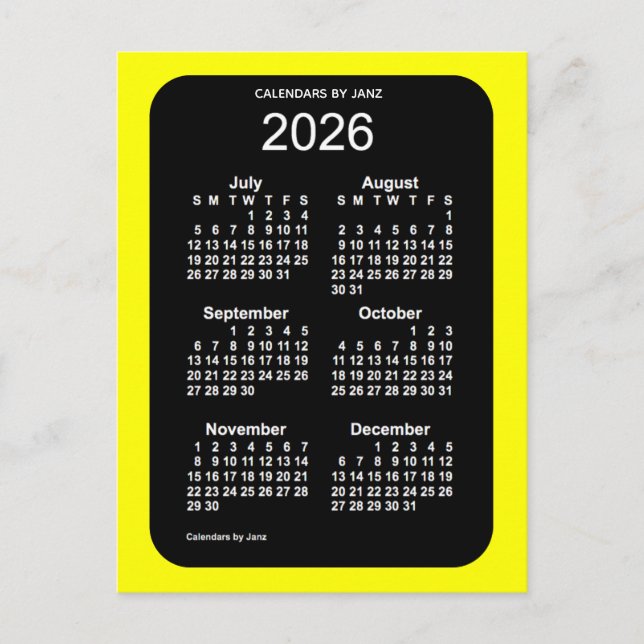 Postal Mini calendario de 6 meses de neón amarillo 2026,  (Anverso)