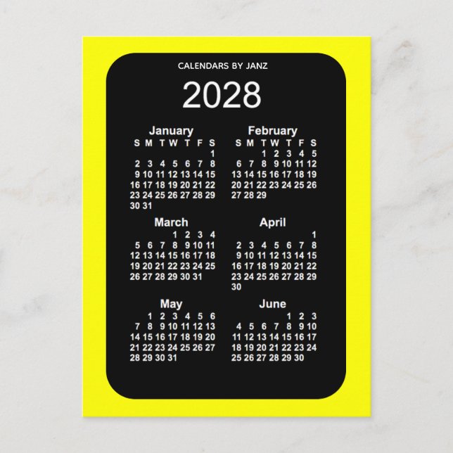 Postal Mini calendario de 6 meses de neón amarillo 2028,  (Anverso)