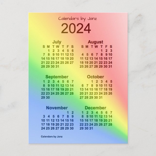 Postal Mini calendario de 6 meses del arcoiris 2024, de J (Anverso)