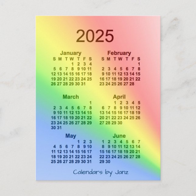 Postal Mini calendario de 6 meses del arcoiris 2025, de J (Anverso)