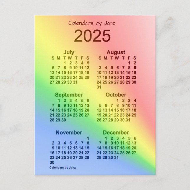 Postal Mini calendario de 6 meses del arcoiris 2025, de J (Anverso)