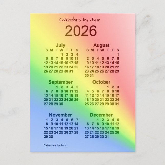 Postal Mini calendario de 6 meses del arcoiris 2026, de J (Anverso)